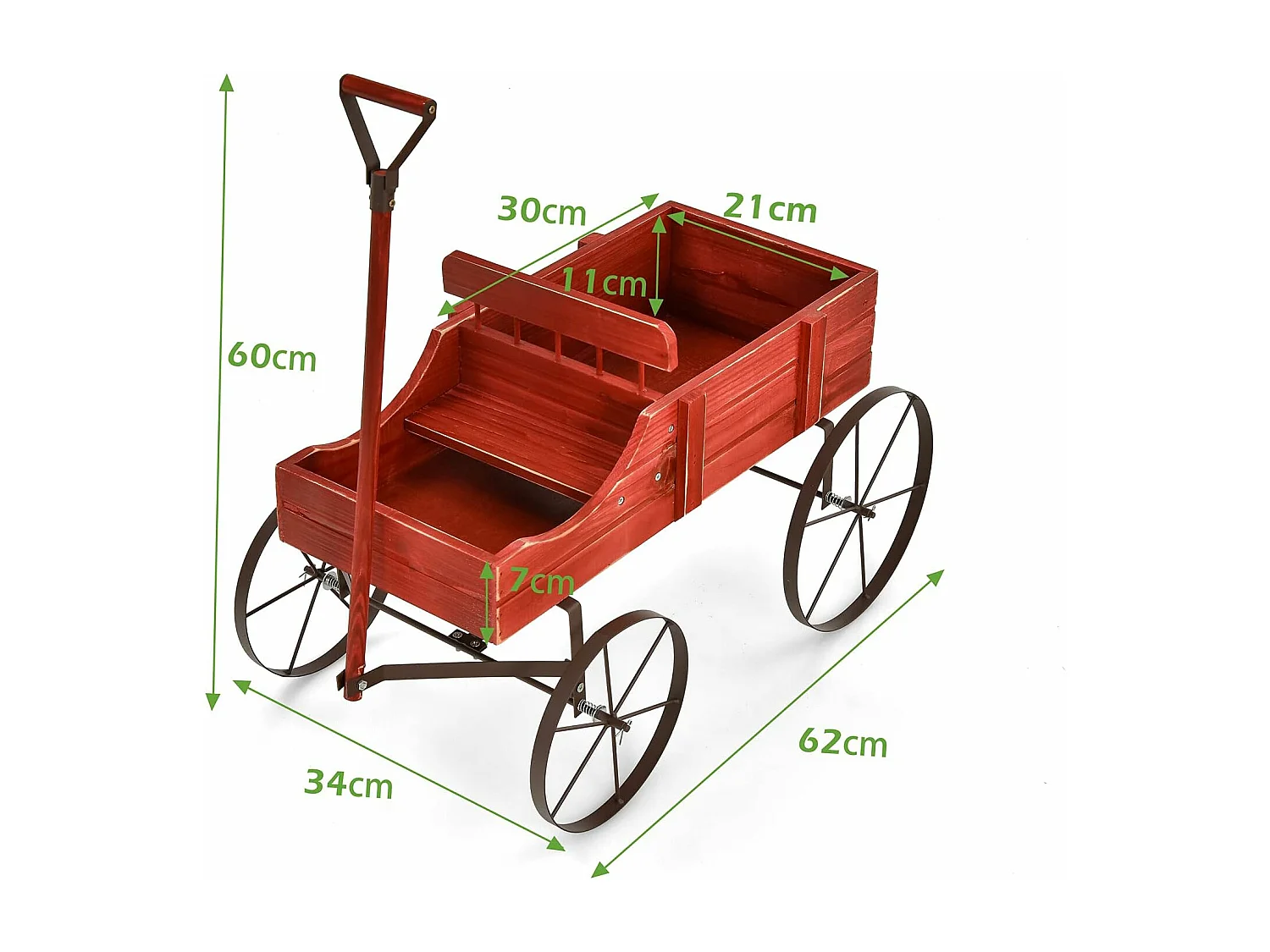 Brouette Décorative en Bois avec 2 Compartiments à Planter Roues Métalliques Poignée Charge 15kg pour Cour（Rouge)