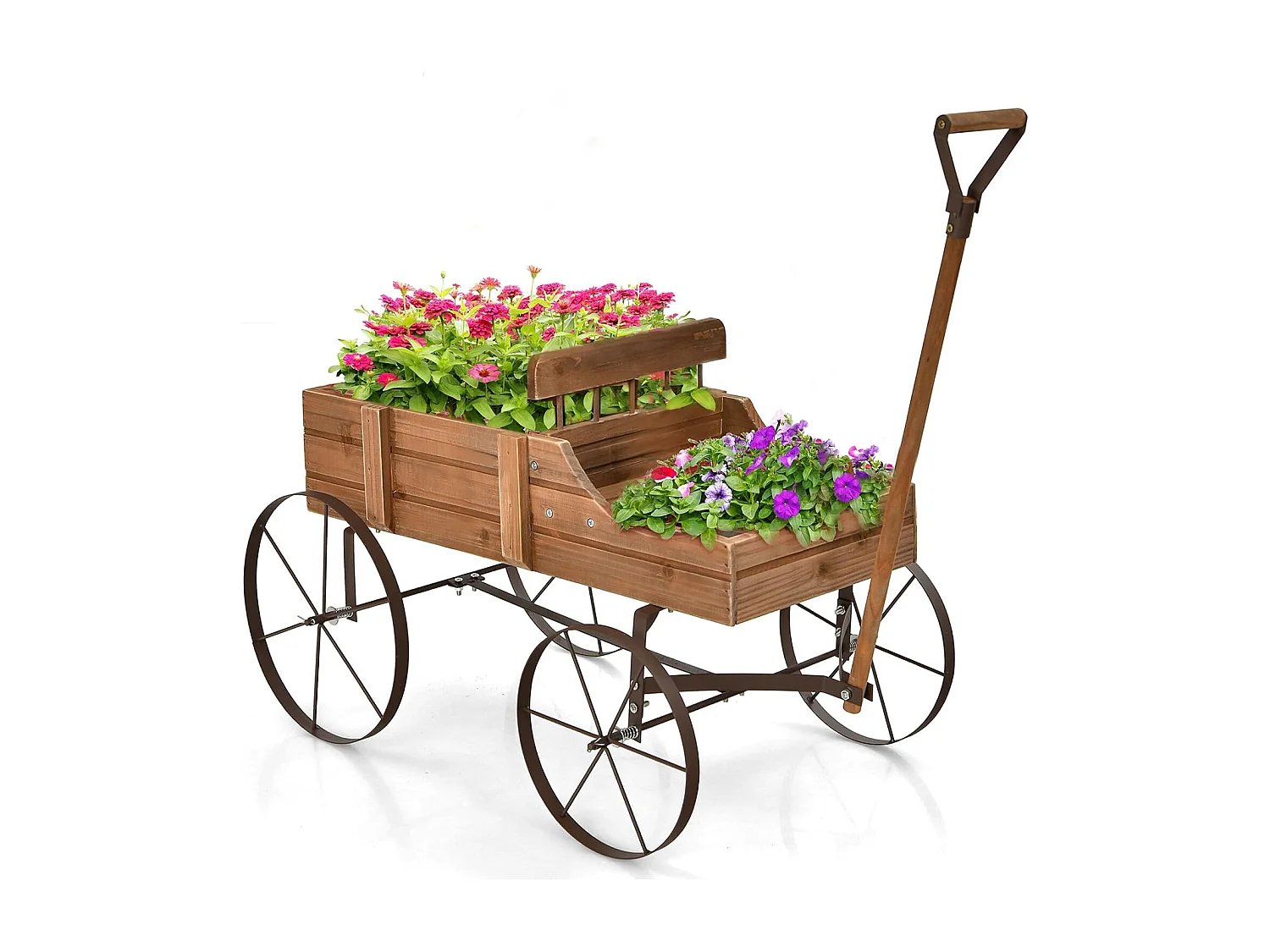 Brouette Décorative en Bois avec 2 Compartiments à Planter Roues Métalliques Poignée Charge 15kg pour Cour Marron