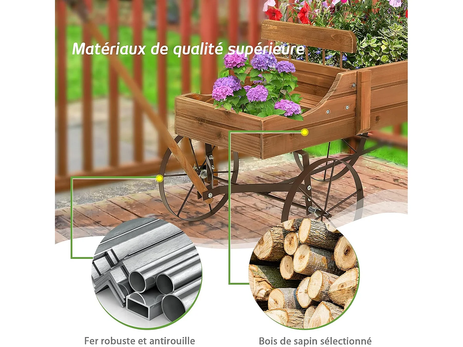 Brouette Décorative en Bois avec 2 Compartiments à Planter Roues Métalliques Poignée Charge 15kg pour Cour Marron