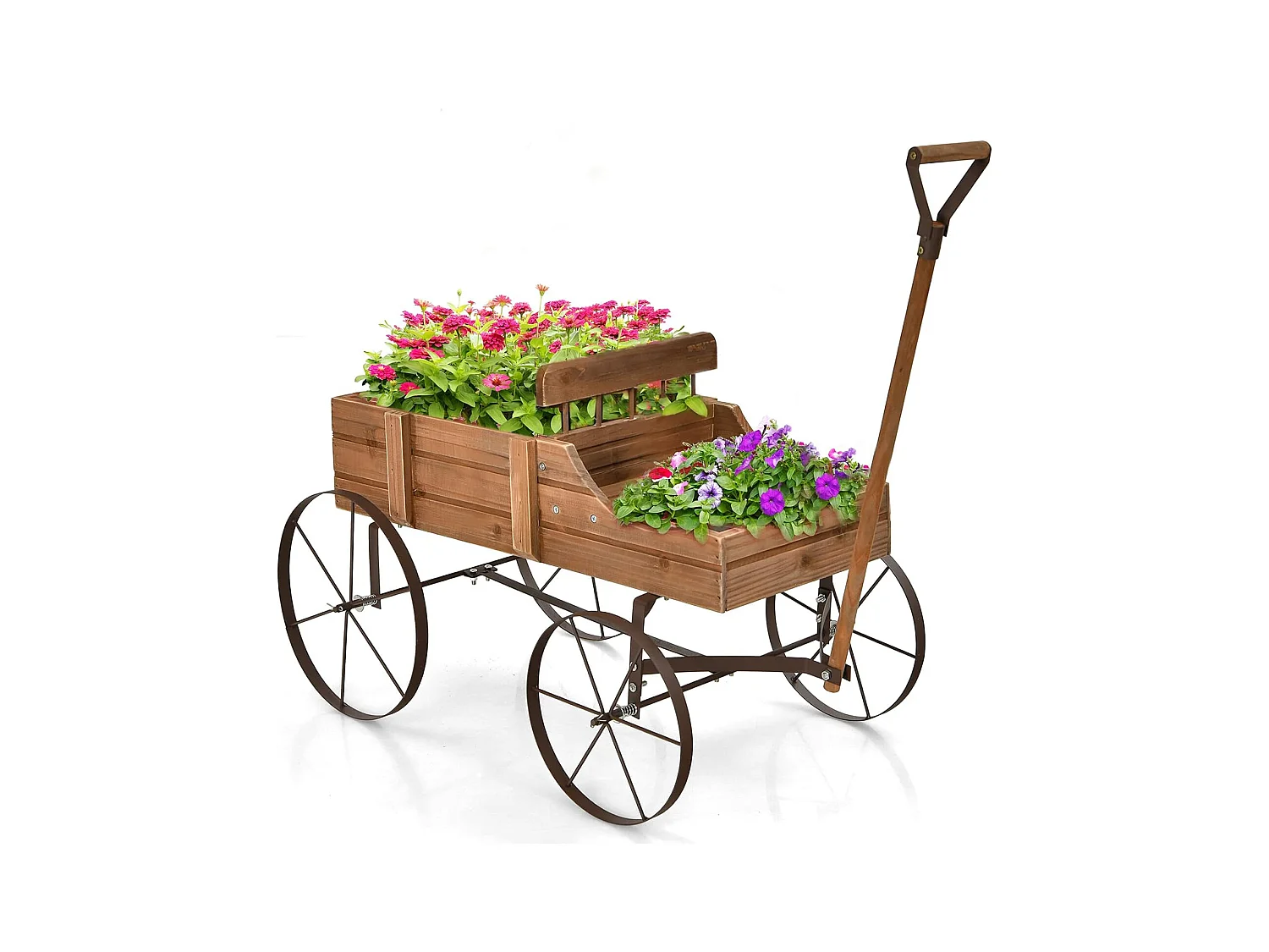 Brouette Décorative en Bois avec 2 Compartiments à Planter Roues Métalliques Poignée Charge 15kg pour Cour Marron