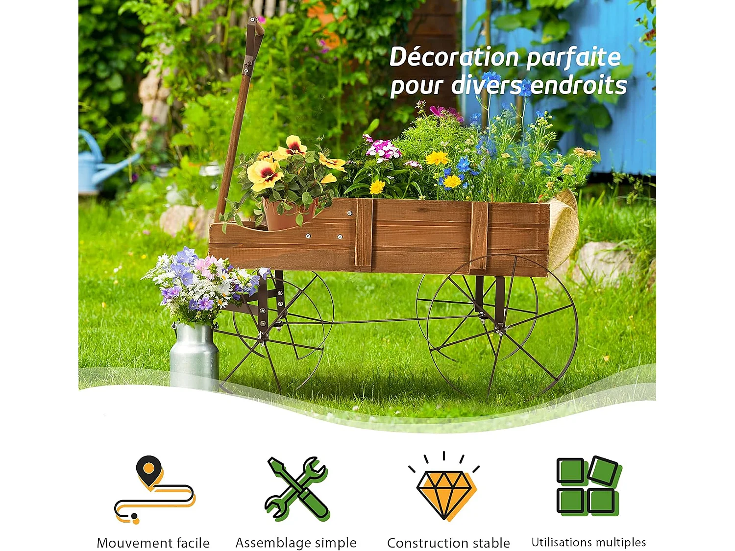 Brouette Décorative en Bois avec 2 Compartiments à Planter Roues Métalliques Poignée Charge 15kg pour Cour Marron