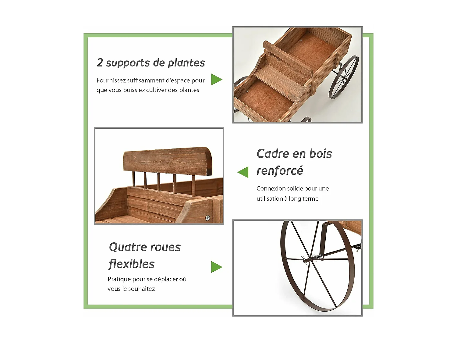 Brouette Décorative en Bois avec 2 Compartiments à Planter Roues Métalliques Poignée Charge 15kg pour Cour Marron