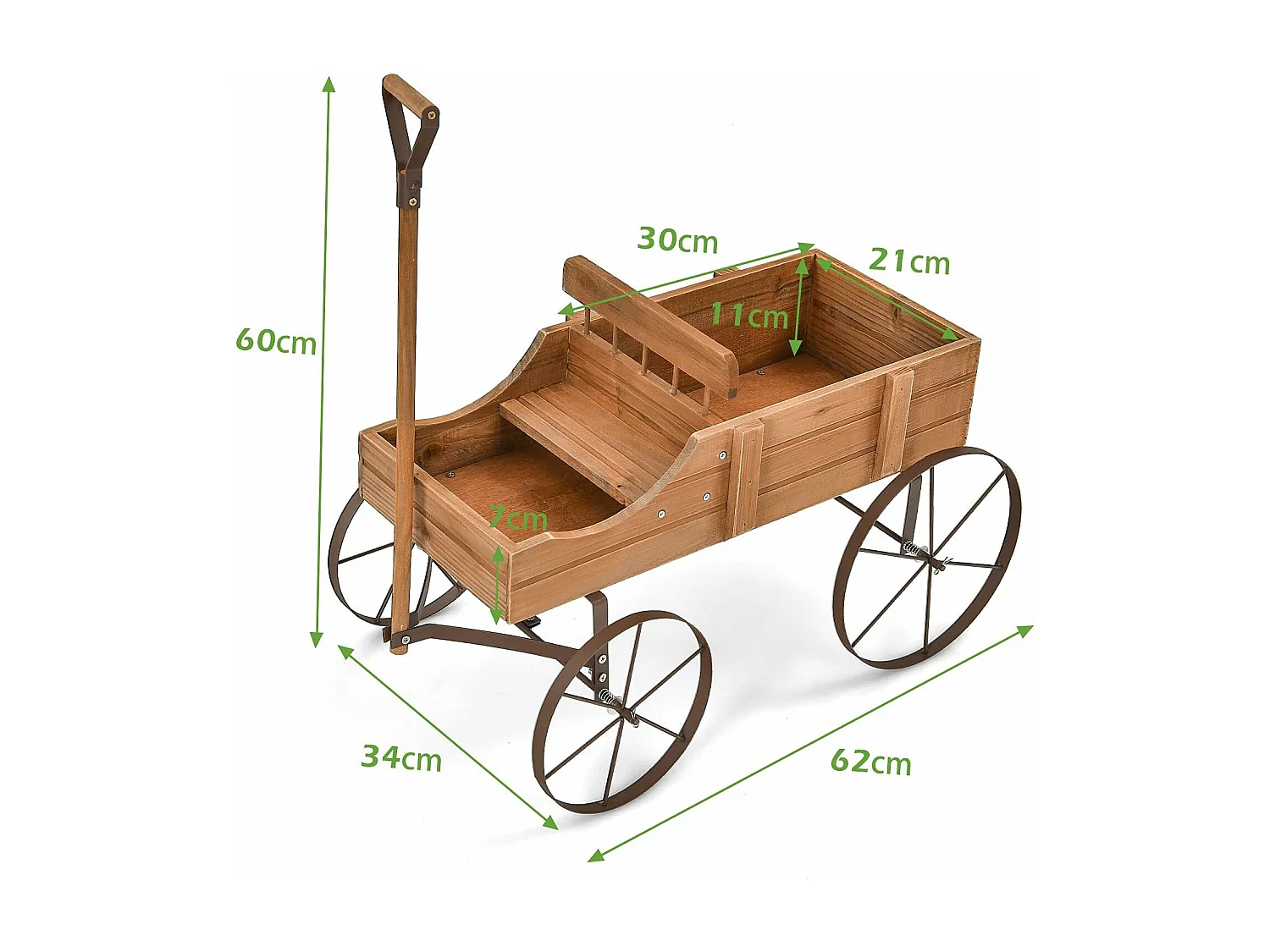 Brouette Décorative en Bois avec 2 Compartiments à Planter Roues Métalliques Poignée Charge 15kg pour Cour Marron