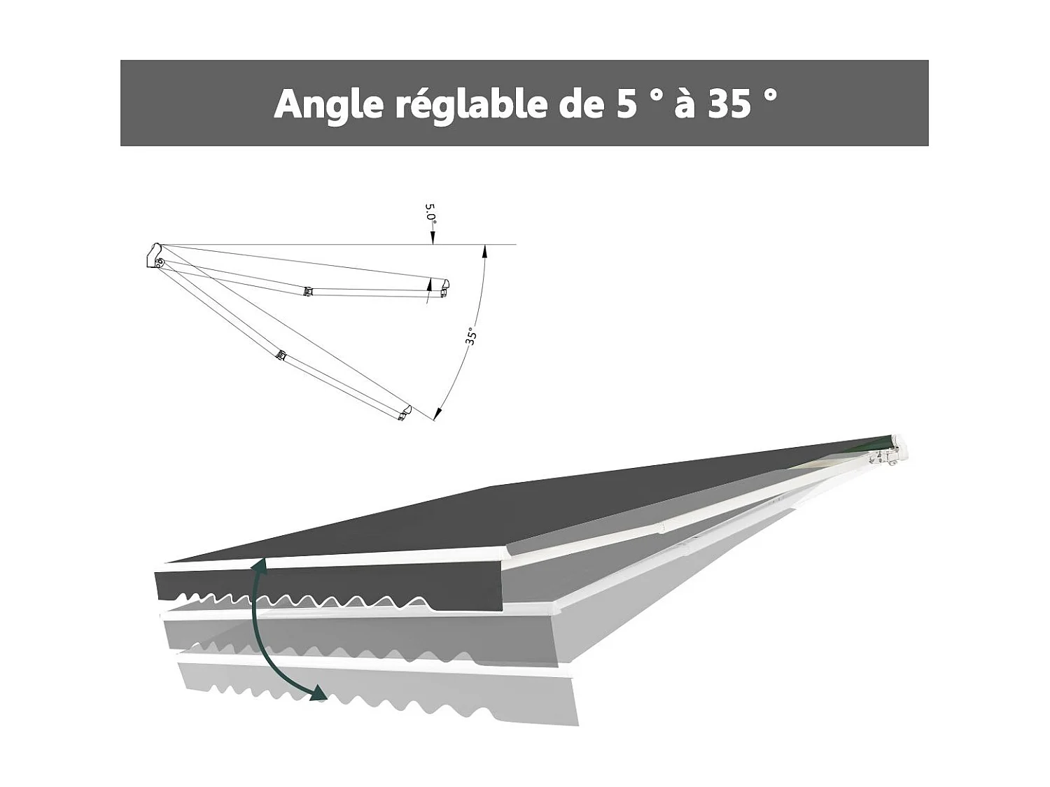 Store Banne de Balcon Rétractable avec Tissu et velours Résistant aux UV et à l'eau, Cadre en Aluminium Angle Réglable 5-35° ,3 x 2,5 m