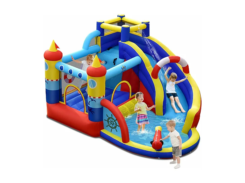 Aquatique Gonflable 6 en 1 avec Toboggan Incurvé Piscine à Eclaboussures Jeu Cible et Canon à Eau  pour Enfants 3-10 ans(sans Gonfleur)