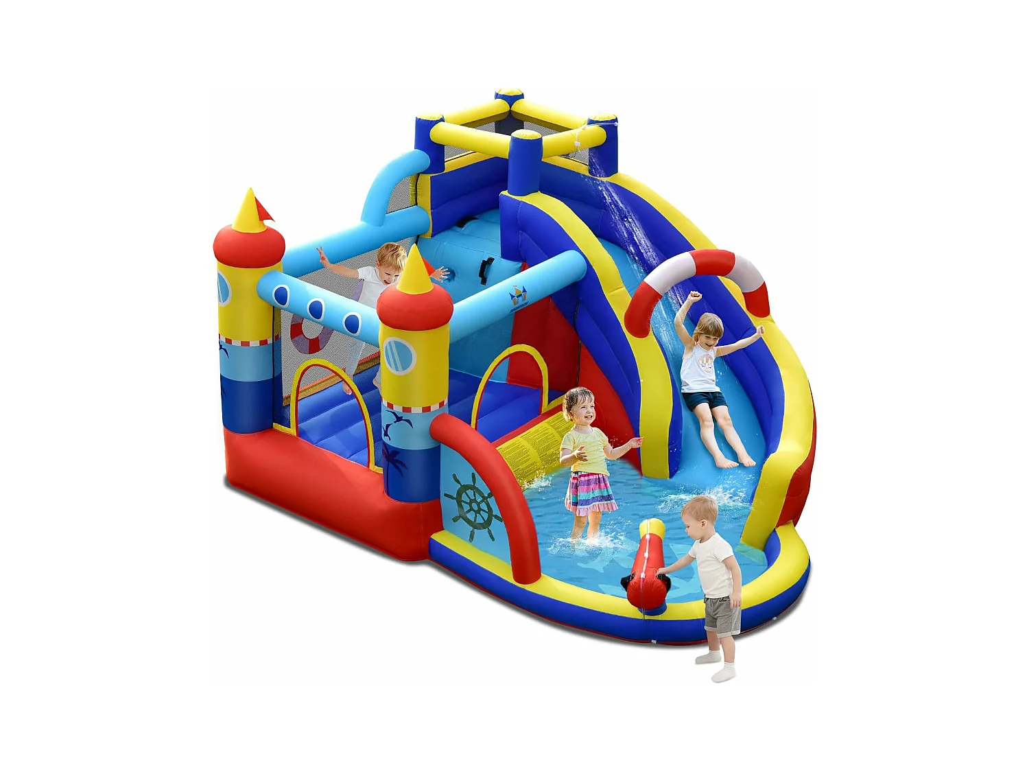 Aquatique Gonflable 6 en 1 avec Toboggan Incurvé Piscine à Eclaboussures Jeu Cible et Canon à Eau  pour Enfants 3-10 ans（sans Gonfleur)