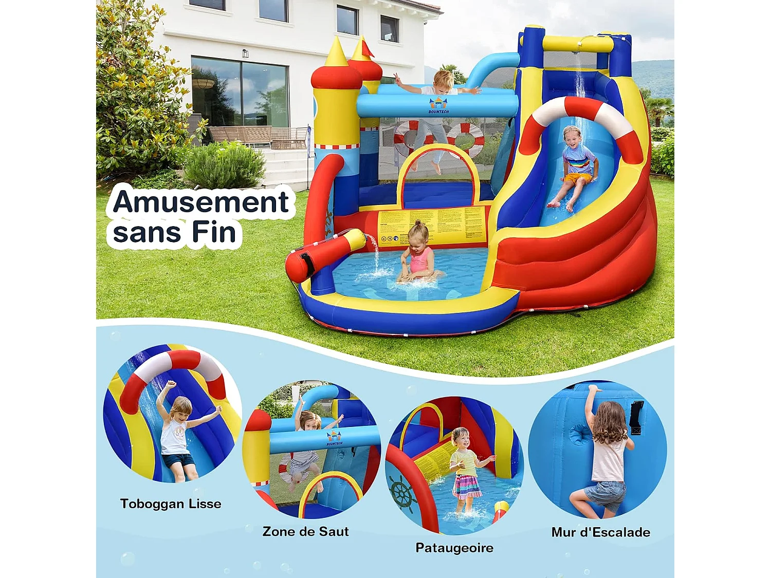 Aquatique Gonflable 6 en 1 avec Toboggan Incurvé Piscine à Eclaboussures Jeu Cible et Canon à Eau  pour Enfants 3-10 ans（sans Gonfleur)