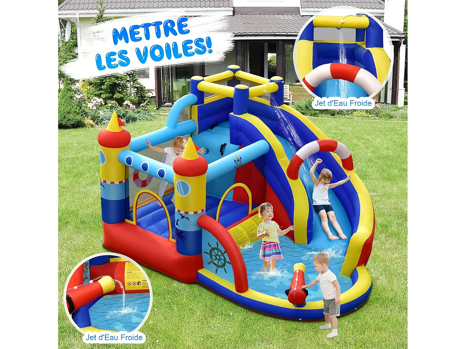 Aquatique Gonflable 6 en 1 avec Toboggan Incurvé Piscine à Eclaboussures Jeu Cible et Canon à Eau  pour Enfants 3-10 ans（sans Gonfleur)