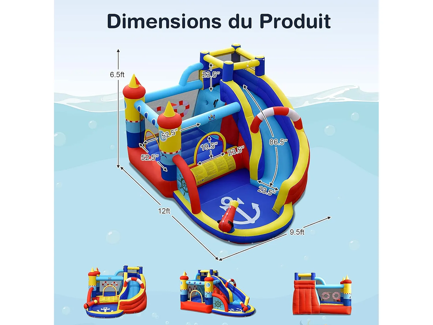 Aquatique Gonflable 6 en 1 avec Toboggan Incurvé Piscine à Eclaboussures Jeu Cible et Canon à Eau  pour Enfants 3-10 ans（sans Gonfleur)