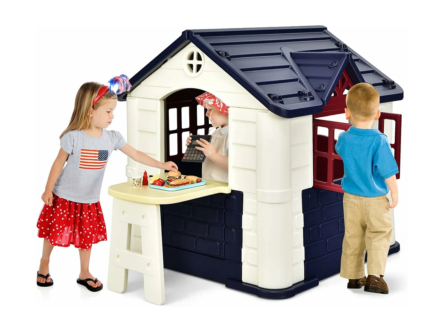 Cabane de Jardin pour Enfant - Table de Pique Nique, Maison Enfant Exterieur -Thème Burger Bar - en Plastique 164x124x132 cm Bleu