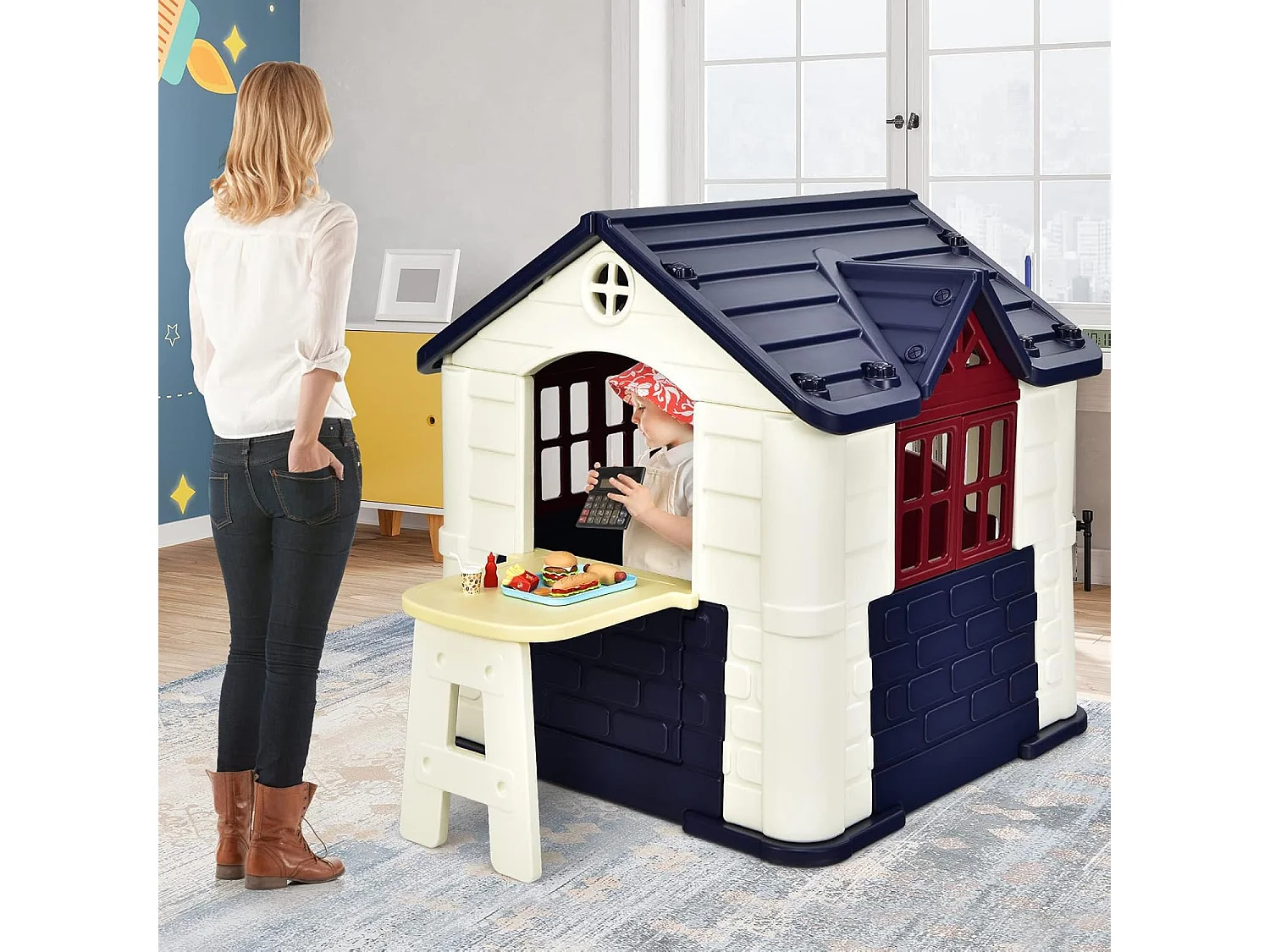 Cabane de Jardin pour Enfant - Table de Pique Nique, Maison Enfant Exterieur -Thème Burger Bar - en Plastique 164x124x132 cm Bleu
