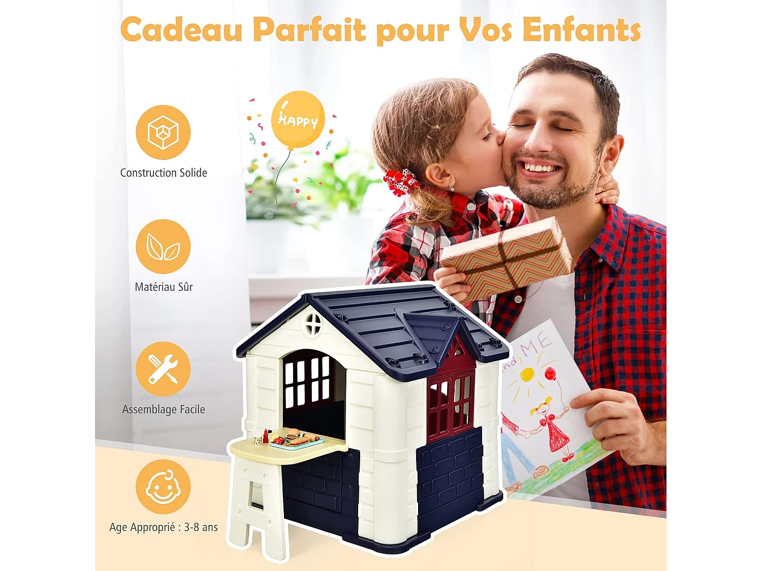 Cabane de Jardin pour Enfant - Table de Pique Nique, Maison Enfant Exterieur -Thème Burger Bar - en Plastique 164x124x132 cm Bleu