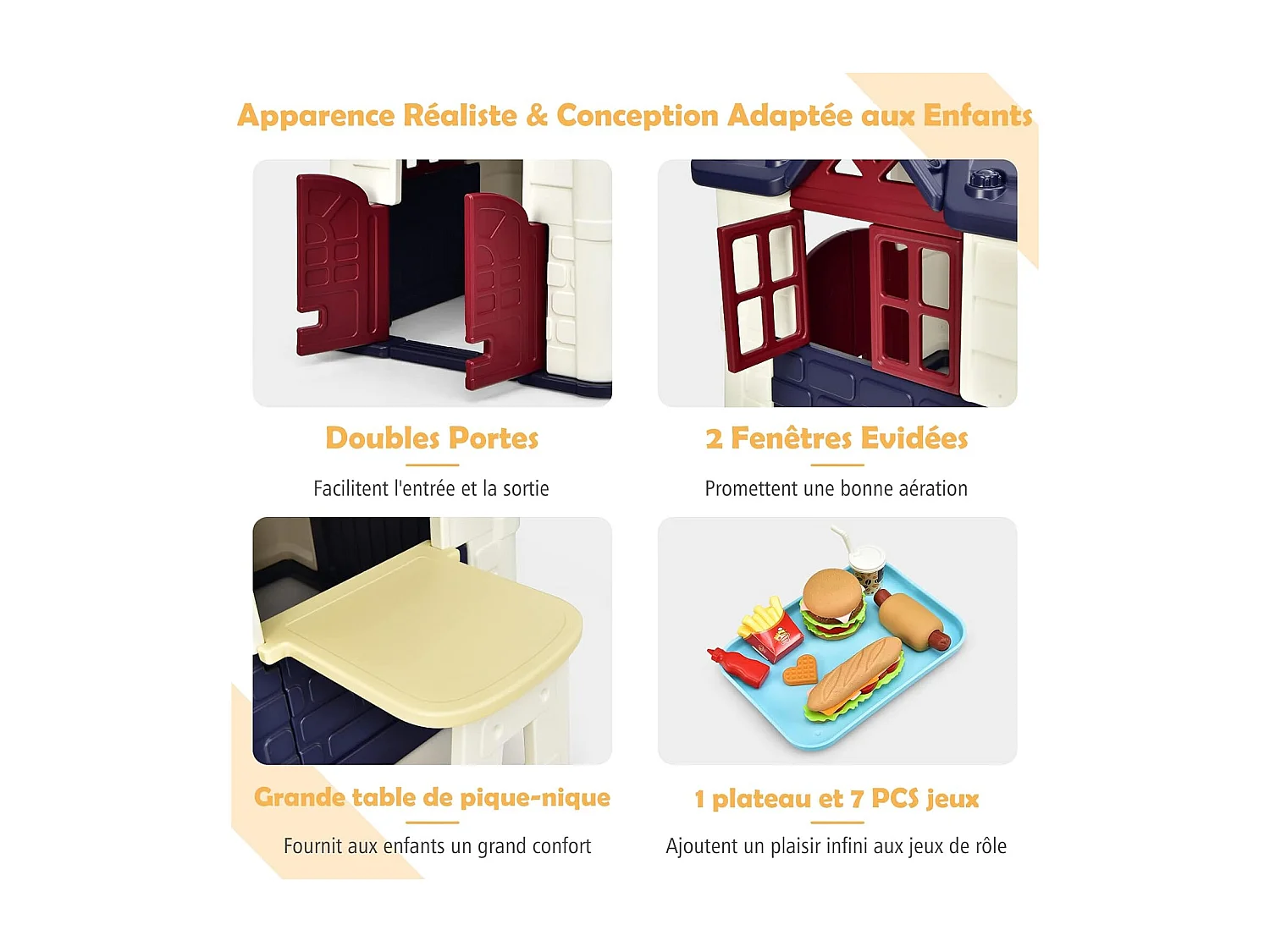 Cabane de Jardin pour Enfant - Table de Pique Nique, Maison Enfant Exterieur -Thème Burger Bar - en Plastique 164x124x132 cm Bleu