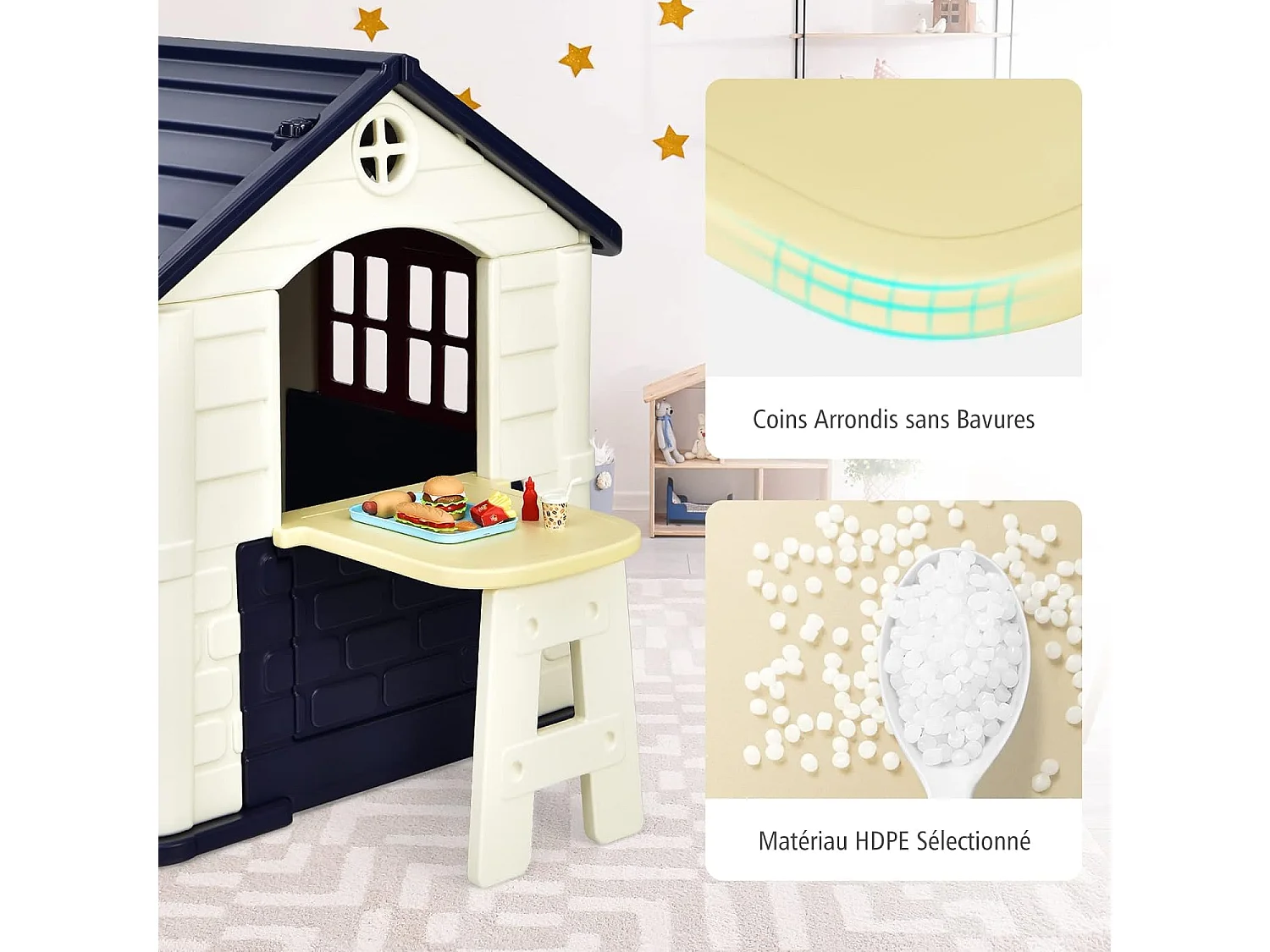 Cabane de Jardin pour Enfant - Table de Pique Nique, Maison Enfant Exterieur -Thème Burger Bar - en Plastique 164x124x132 cm Bleu