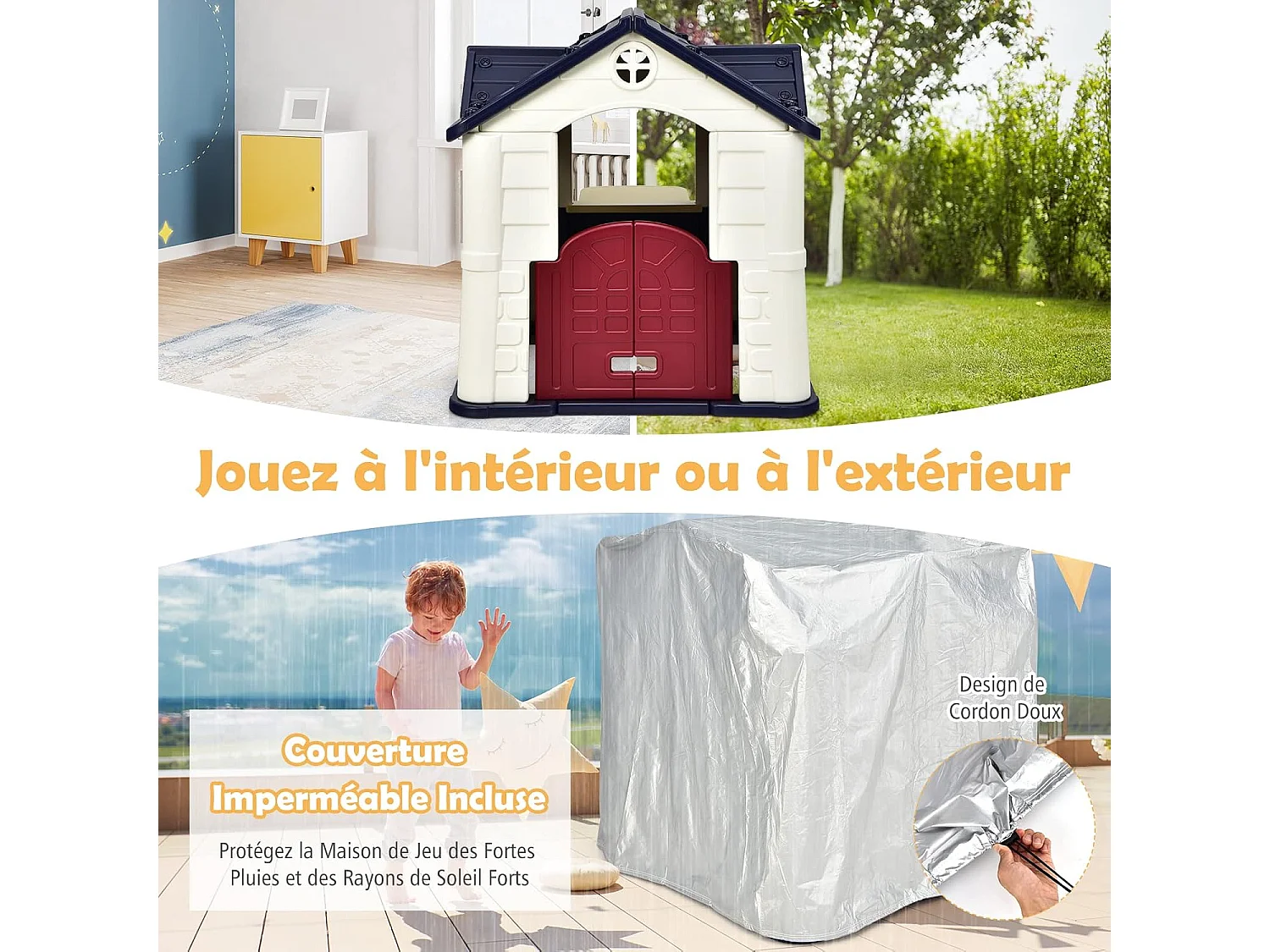Cabane de Jardin pour Enfant - Table de Pique Nique, Maison Enfant Exterieur -Thème Burger Bar - en Plastique 164x124x132 cm Bleu