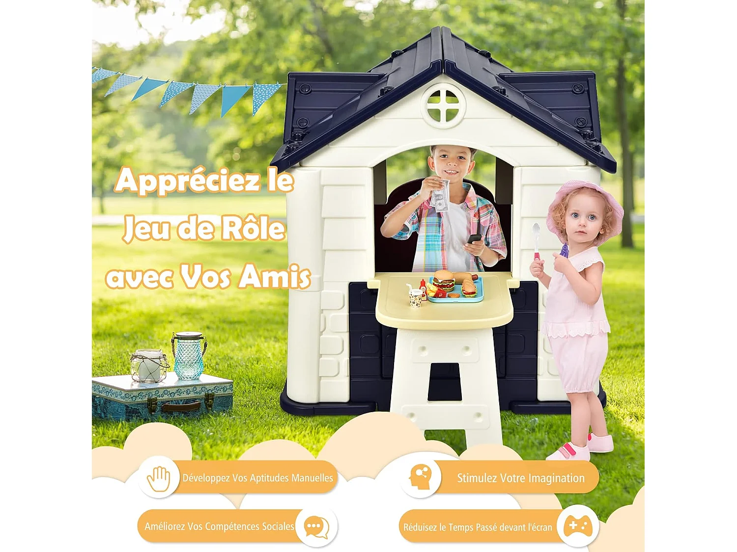 Cabane de Jardin pour Enfant - Table de Pique Nique, Maison Enfant Exterieur -Thème Burger Bar - en Plastique 164x124x132 cm Bleu