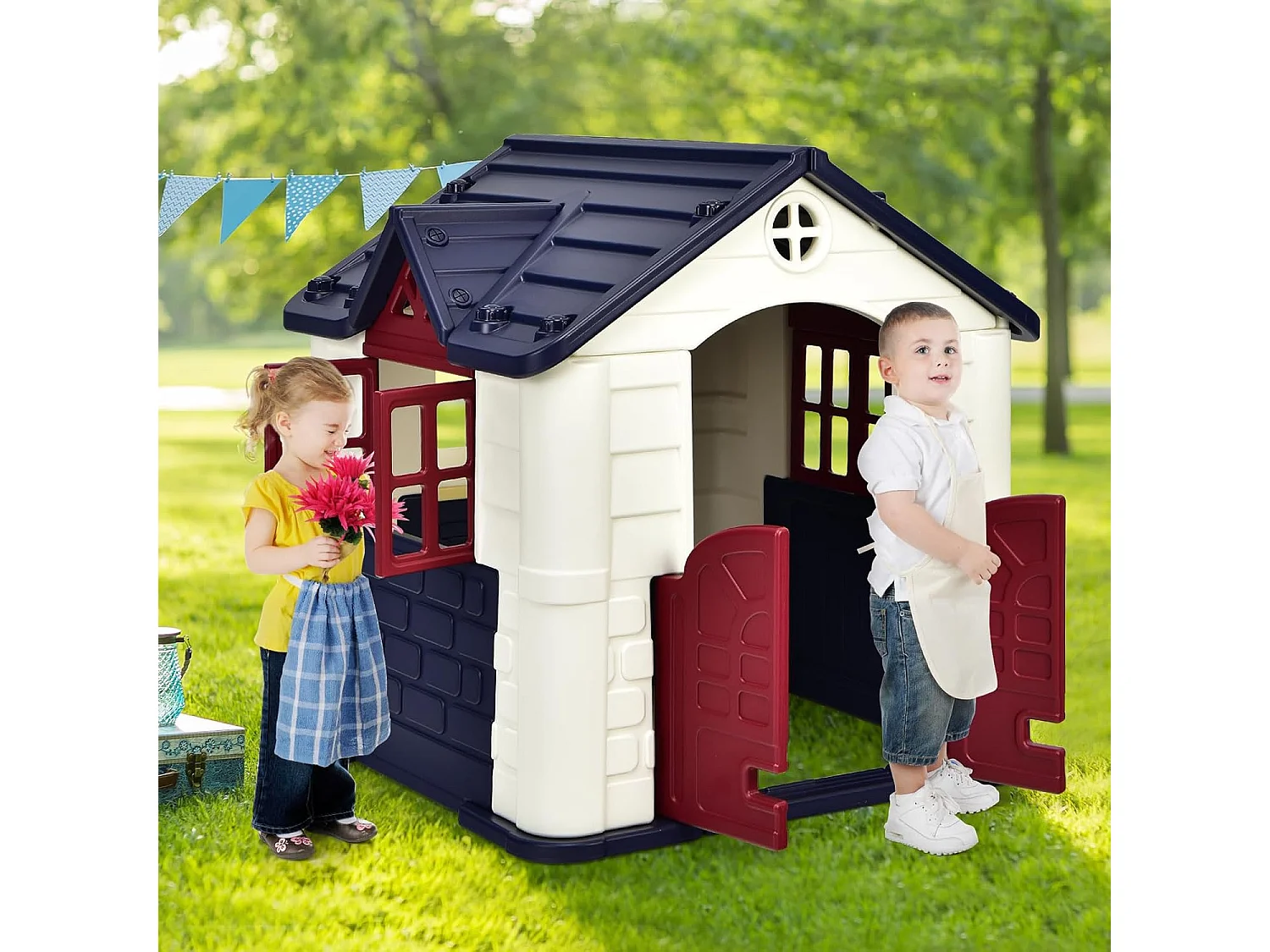Cabane de Jardin pour Enfant - Table de Pique Nique, Maison Enfant Exterieur -Thème Burger Bar - en Plastique 164x124x132 cm Bleu