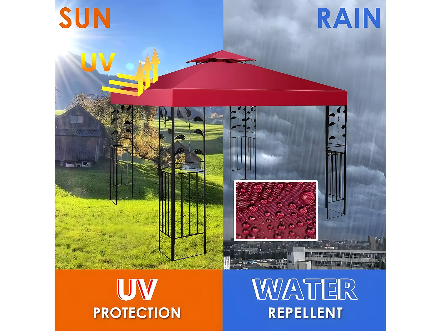 Toile de Toit de Rechange en Plastique et vinyle Impérméable de Jardin pour Pavillon Tonnelle Tente, 3 x 3 M (Vin Rouge)