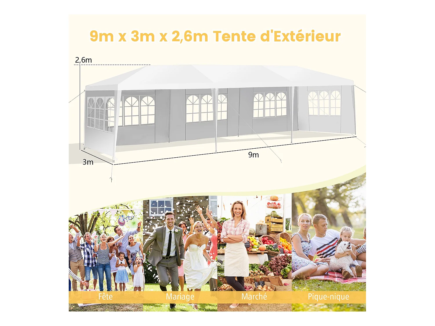 Tonnelle de Jardin Extérieur/Barnum 3x9m-27㎡ Tente de Réception avec 5 Parois Amovibles Piquets de Terre et Fenêtre sur Côté