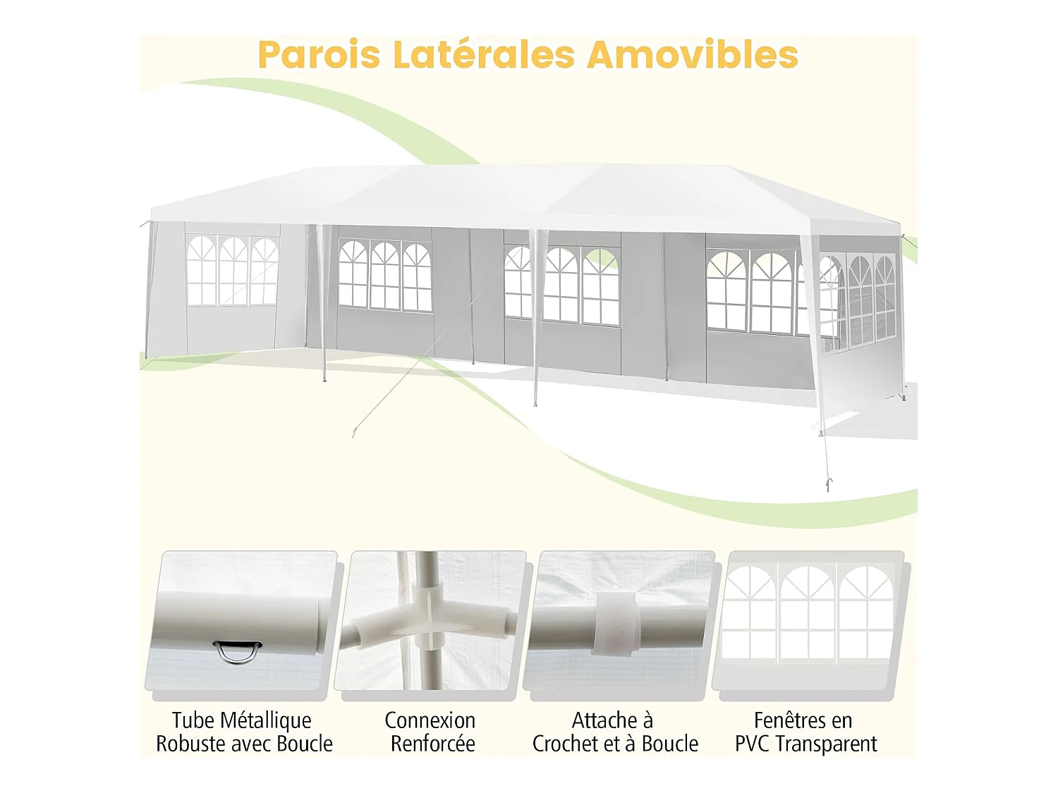 Tonnelle de Jardin Extérieur/Barnum 3x9m-27㎡ Tente de Réception avec 5 Parois Amovibles Piquets de Terre et Fenêtre sur Côté