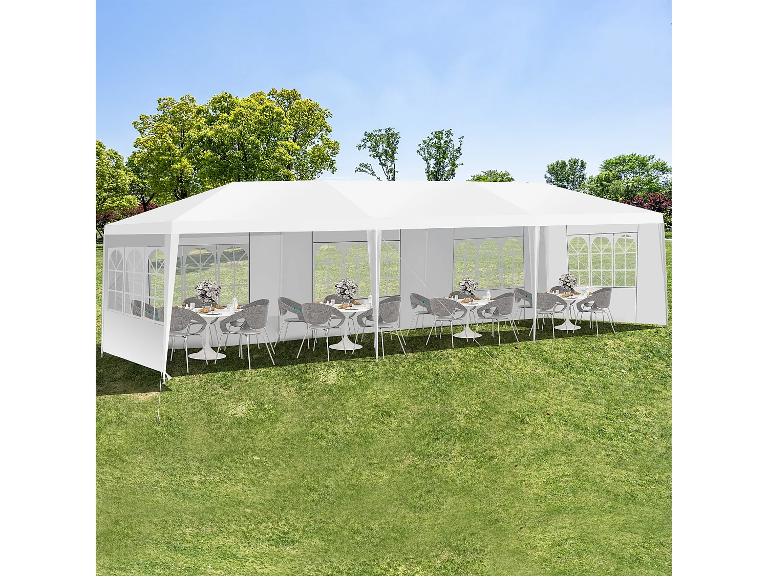 Tonnelle de Jardin Extérieur/Barnum 3x9m-27㎡ Tente de Réception avec 5 Parois Amovibles Piquets de Terre et Fenêtre sur Côté