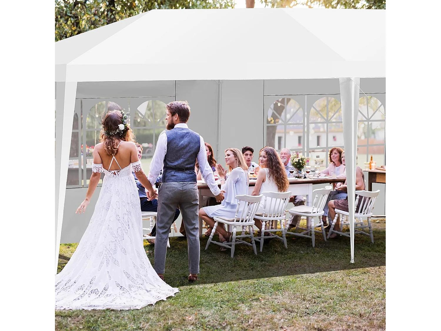 Tonnelle de Jardin Extérieur/Barnum 3x9m-27㎡ Tente de Réception avec 5 Parois Amovibles Piquets de Terre et Fenêtre sur Côté