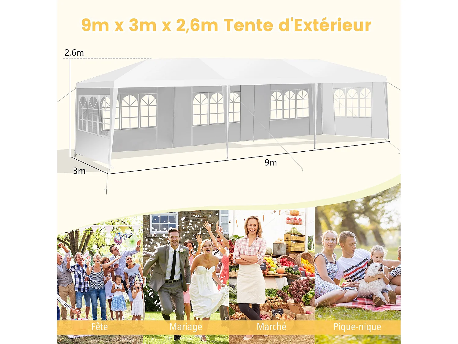 Tonnelle de Jardin Extérieur/Barnum 3x9m-27㎡ Tente de Réception avec 5 Parois Amovibles Piquets de Terre et Fenêtre sur Côté