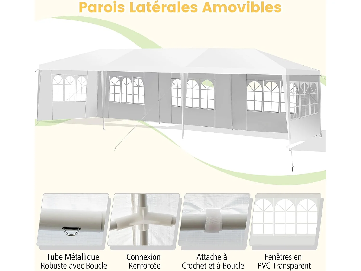 Tonnelle de Jardin Extérieur/Barnum 3x9m-27㎡ Tente de Réception avec 5 Parois Amovibles Piquets de Terre et Fenêtre sur Côté