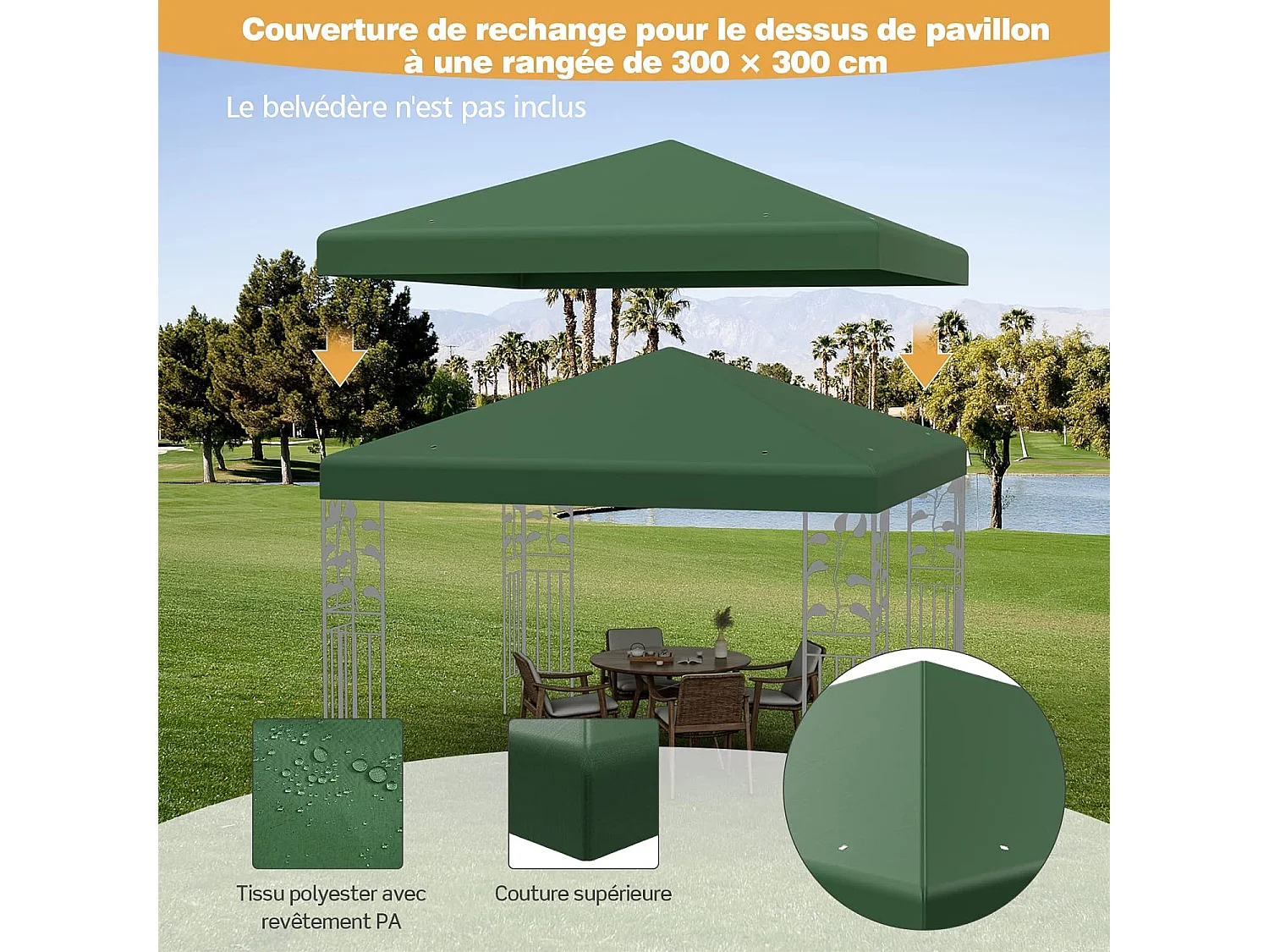 Toile de Toit de Rechange en Plastique et vinyle pour Pavillon Tonnelle Tente 300 x 300 cm Couleur au Choix (Vert foncé)