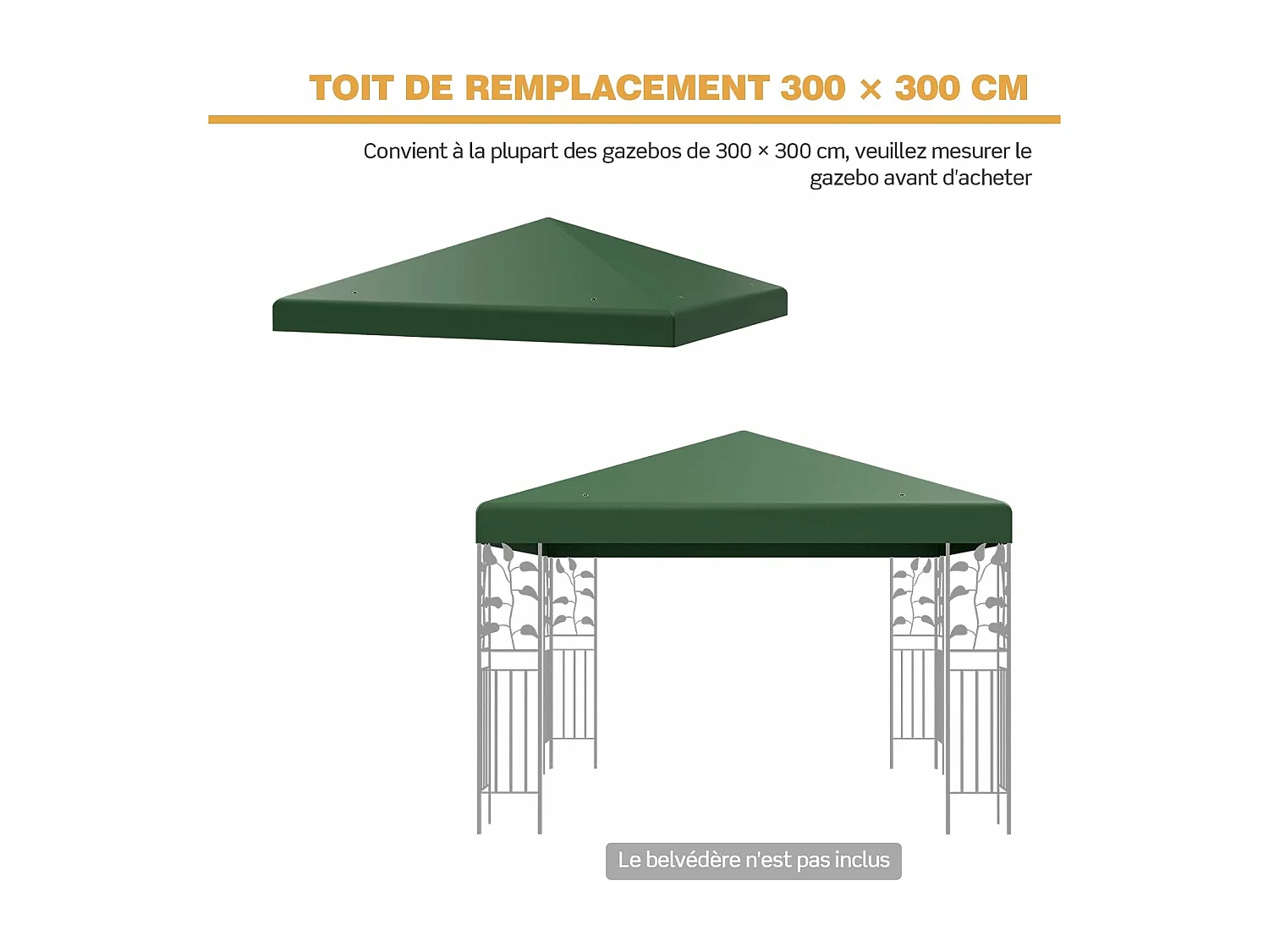 Toile de Toit de Rechange en Plastique et vinyle pour Pavillon Tonnelle Tente 300 x 300 cm Couleur au Choix (Vert foncé)