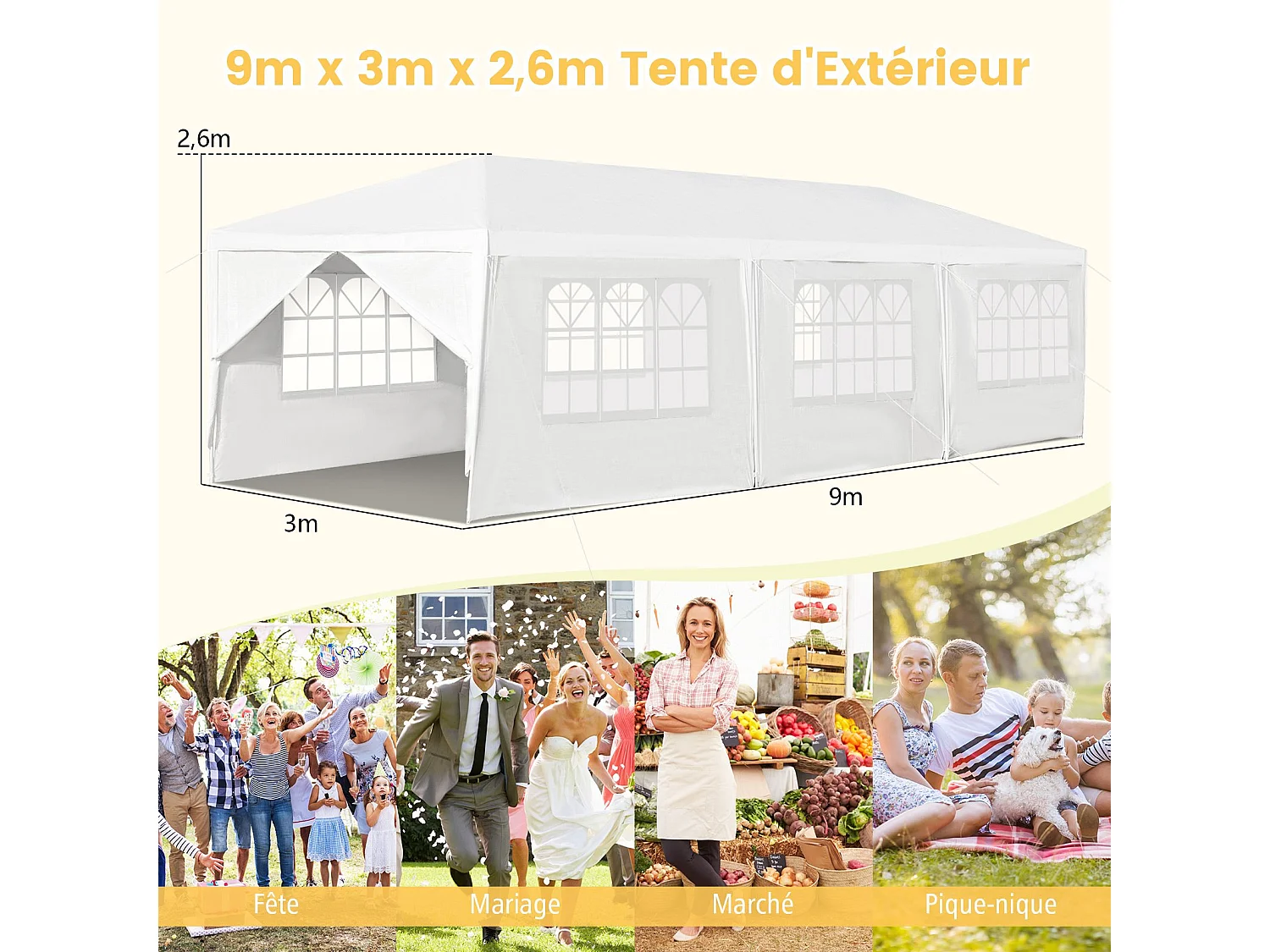 Tonnelle de Jardin Extérieur/Barnum 3x9m-27㎡ Tente de Réception Imperméable avec 8 Parois Amovibles