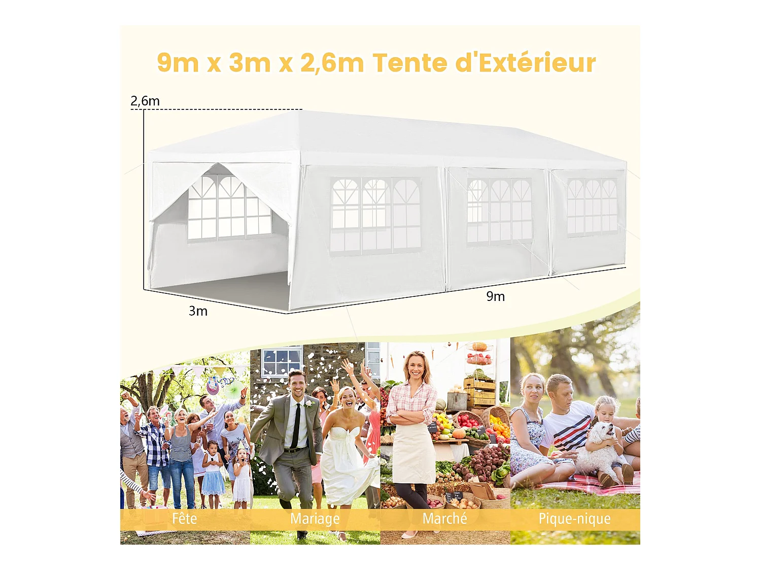 Tonnelle de Jardin Extérieur/Barnum 3x9m-27㎡ Tente de Réception Imperméable avec 8 Parois Amovibles
