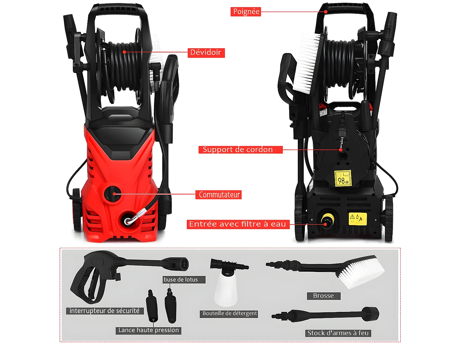 Nettoyeur Haute Pression 1400W 140Bar 300L/H avec avec 1 Buse Lotus et 1 Buse Haute Pression, Flexible 5 Mètres contre Punaise de lit Rouge