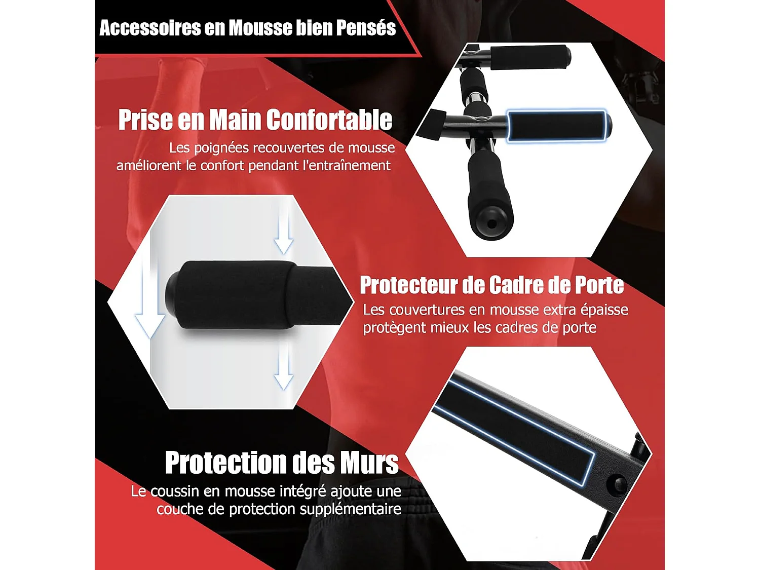 Barre de Traction de Porte, Barre de Fitness pour Plupart des Cadres de Porte Jusqu'à 80 cm avec Poignées en Mousse, Barre d'Entraînement pour Salle de Sport Maison