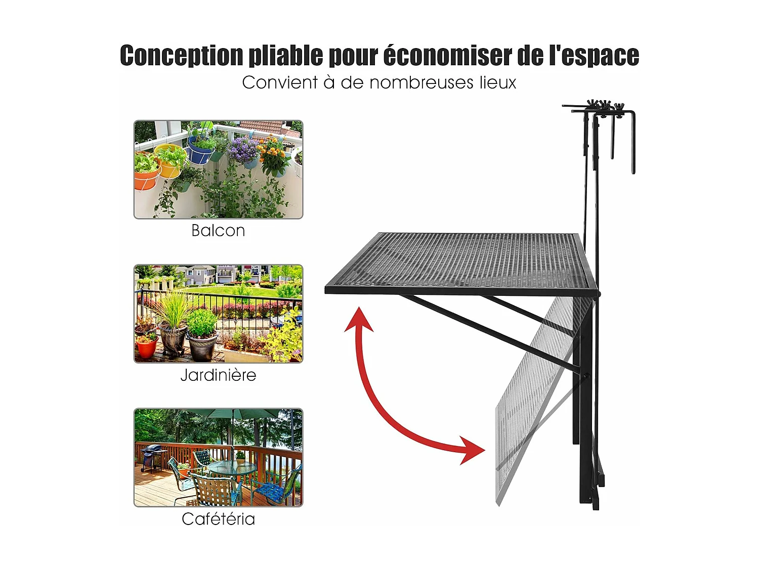 Table de Balcon Suspendue, Table de Jardin Rabattable Hauteur Réglable sur 5 Niveaux Anti-rouille Noir