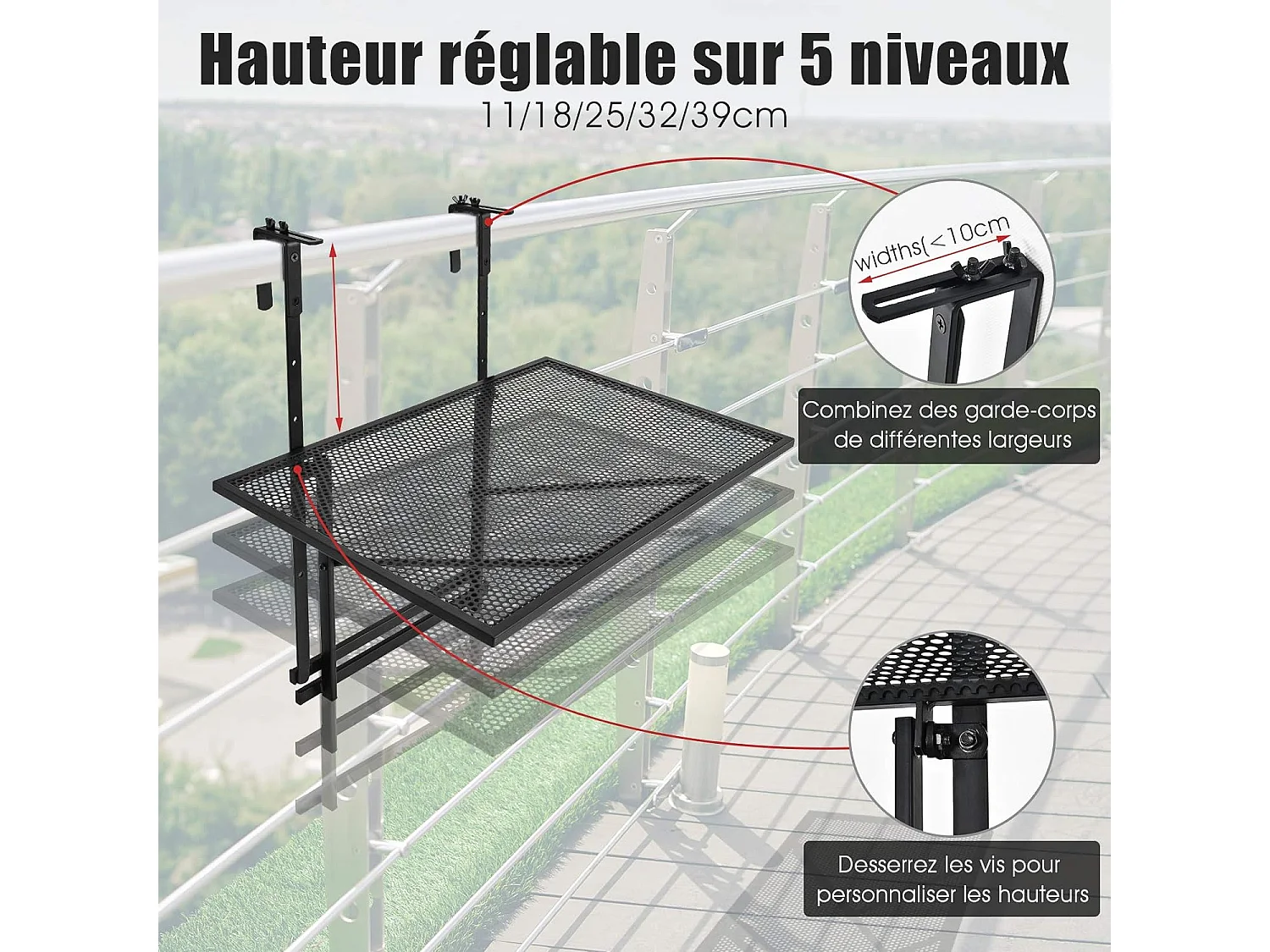 Table de Balcon Suspendue, Table de Jardin Rabattable Hauteur Réglable sur 5 Niveaux Anti-rouille Noir