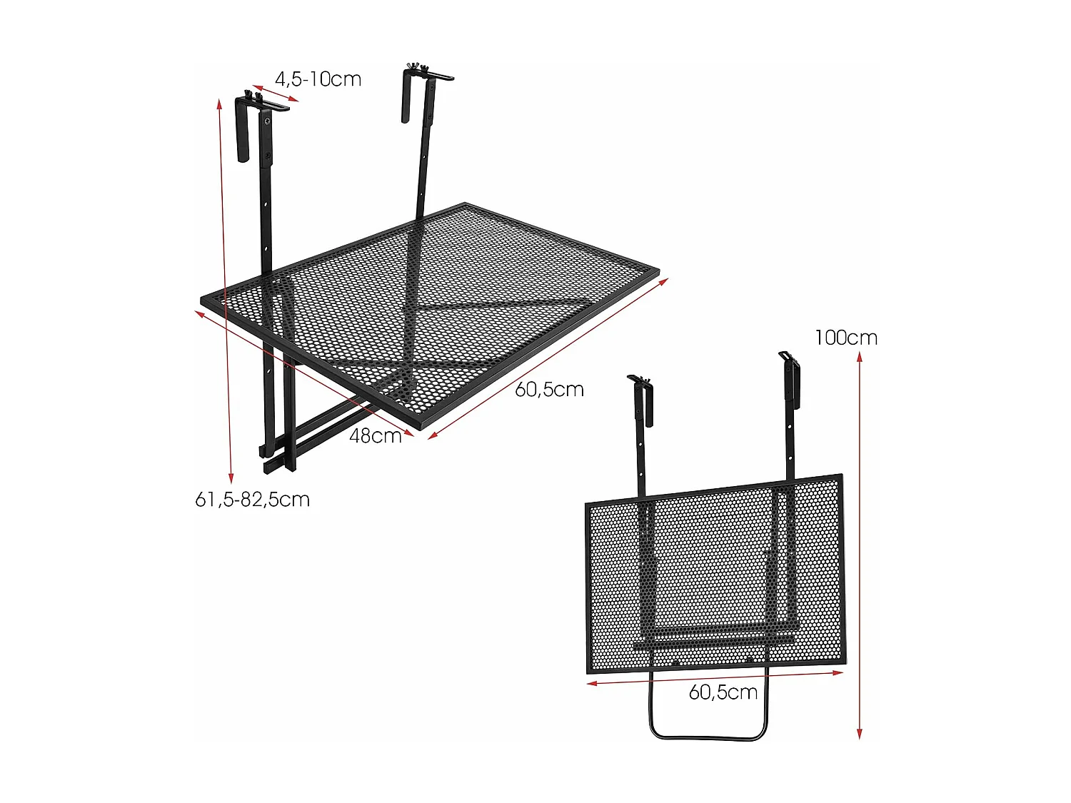 Table de Balcon Suspendue, Table de Jardin Rabattable Hauteur Réglable sur 5 Niveaux Anti-rouille Noir