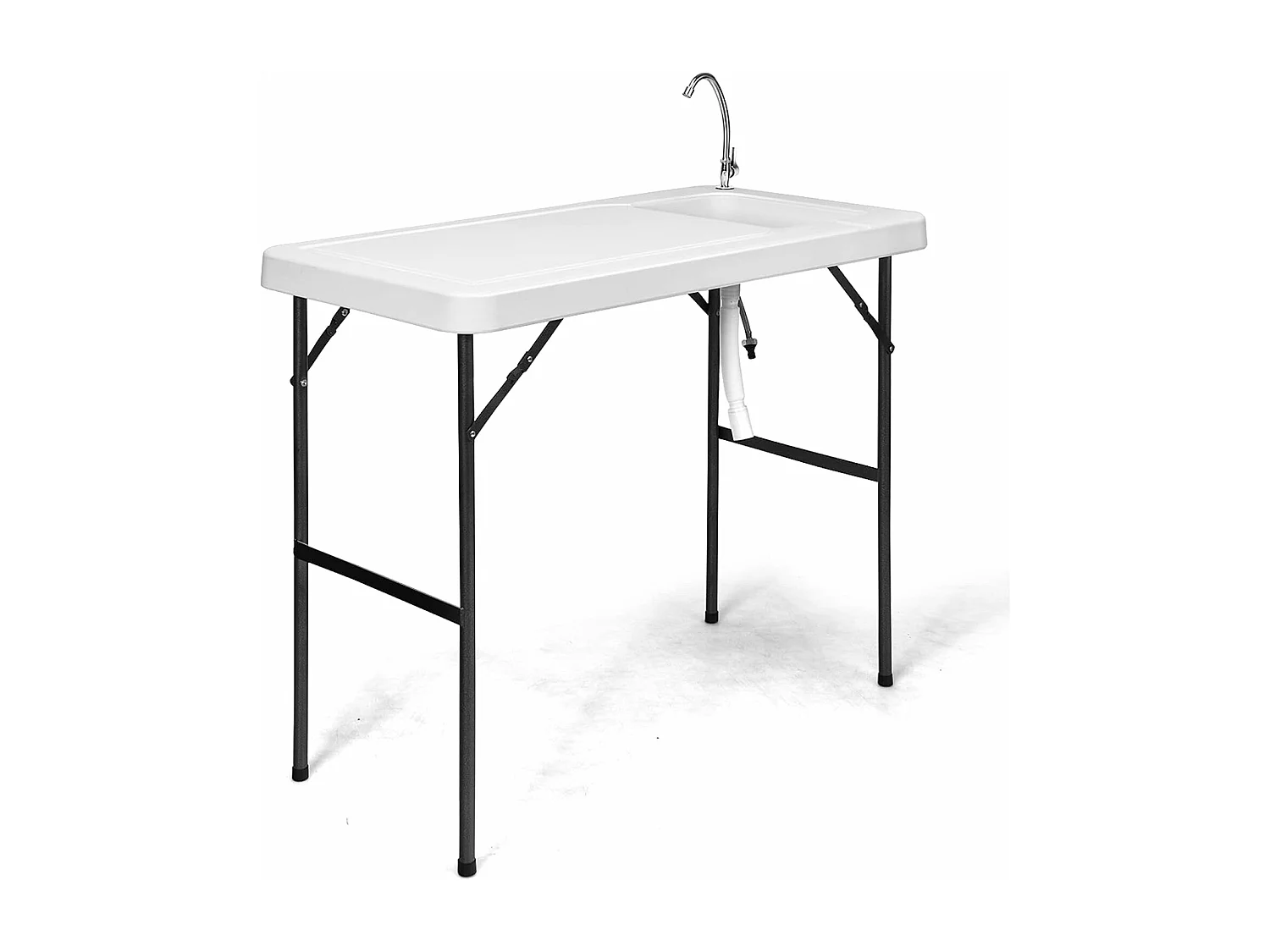 Table de Pêche Pliante avec Robinet en Acier, Table Caming Portable pour Nettoyage Poisson en Métal&HDPE avec Évier et Tuyau de Drainage（Charge 90KG）