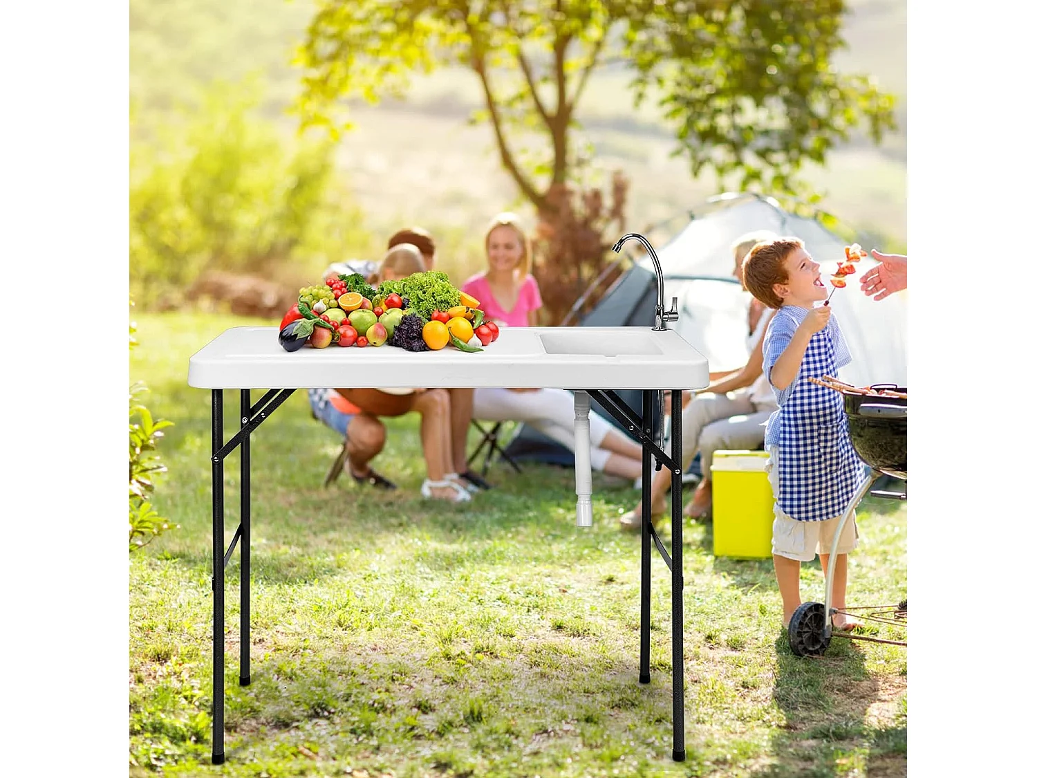 Table de Pêche Pliante avec Robinet en Acier, Table Caming Portable pour Nettoyage Poisson en Métal&HDPE avec Évier et Tuyau de Drainage（Charge 90KG）