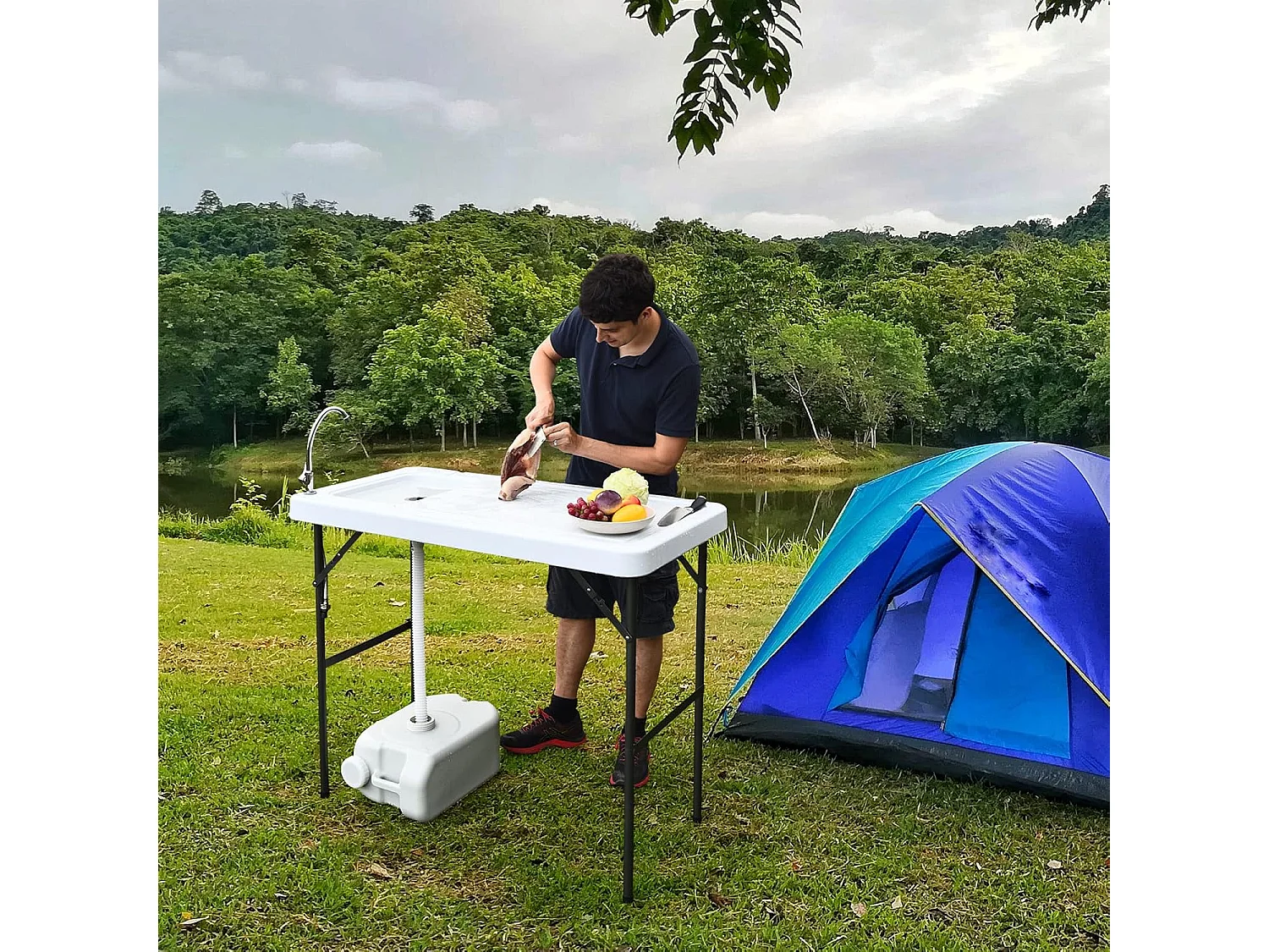 Table de Pêche Pliante avec Robinet en Acier, Table Caming Portable pour Nettoyage Poisson en Métal&HDPE avec Évier et Tuyau de Drainage（Charge 90KG）