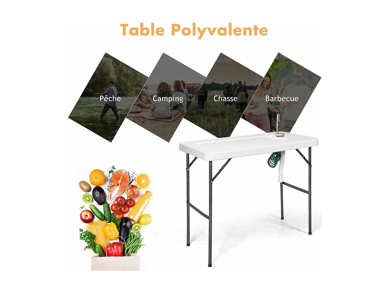 Table de Pêche Pliante avec Robinet en Acier, Table Caming Portable pour Nettoyage Poisson en Métal&HDPE avec Évier et Tuyau de Drainage（Charge 90KG）