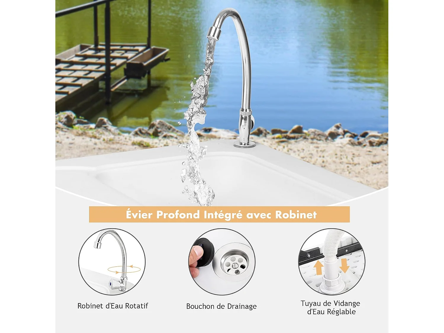 Table de Pêche Pliante avec Robinet en Acier, Table Caming Portable pour Nettoyage Poisson en Métal&HDPE avec Évier et Tuyau de Drainage（Charge 90KG）
