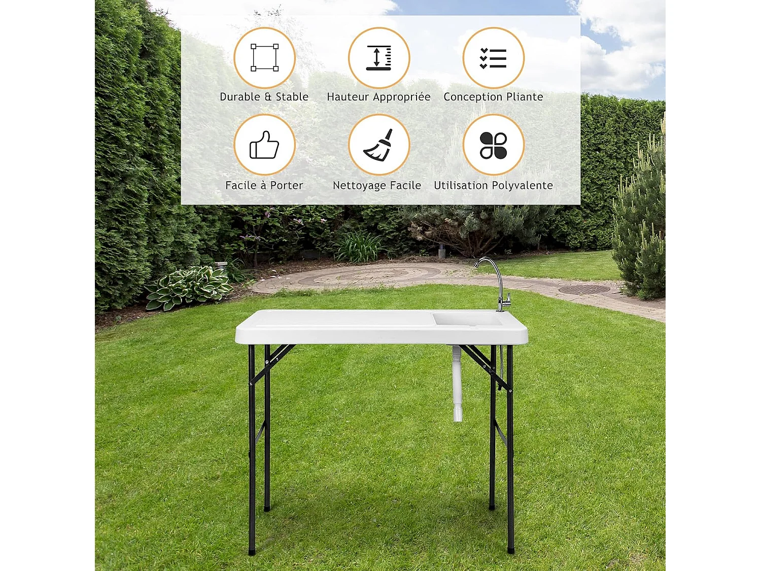 Table de Pêche Pliante avec Robinet en Acier, Table Caming Portable pour Nettoyage Poisson en Métal&HDPE avec Évier et Tuyau de Drainage（Charge 90KG）