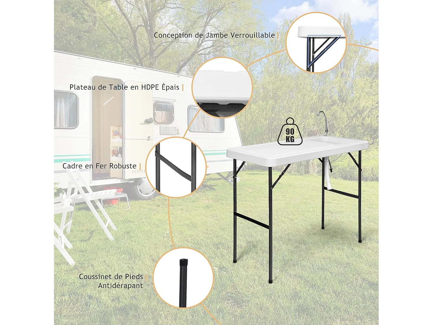 Table de Pêche Pliante avec Robinet en Acier, Table Caming Portable pour Nettoyage Poisson en Métal&HDPE avec Évier et Tuyau de Drainage（Charge 90KG）