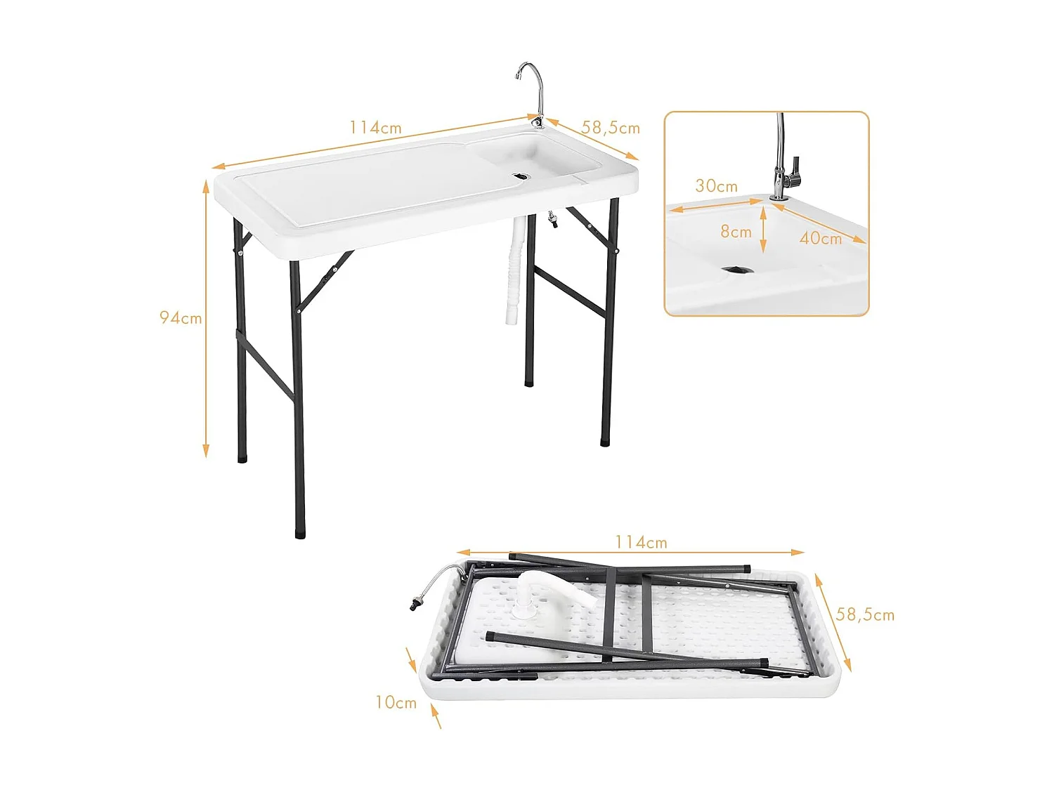 Table de Pêche Pliante avec Robinet en Acier, Table Caming Portable pour Nettoyage Poisson en Métal&HDPE avec Évier et Tuyau de Drainage（Charge 90KG）