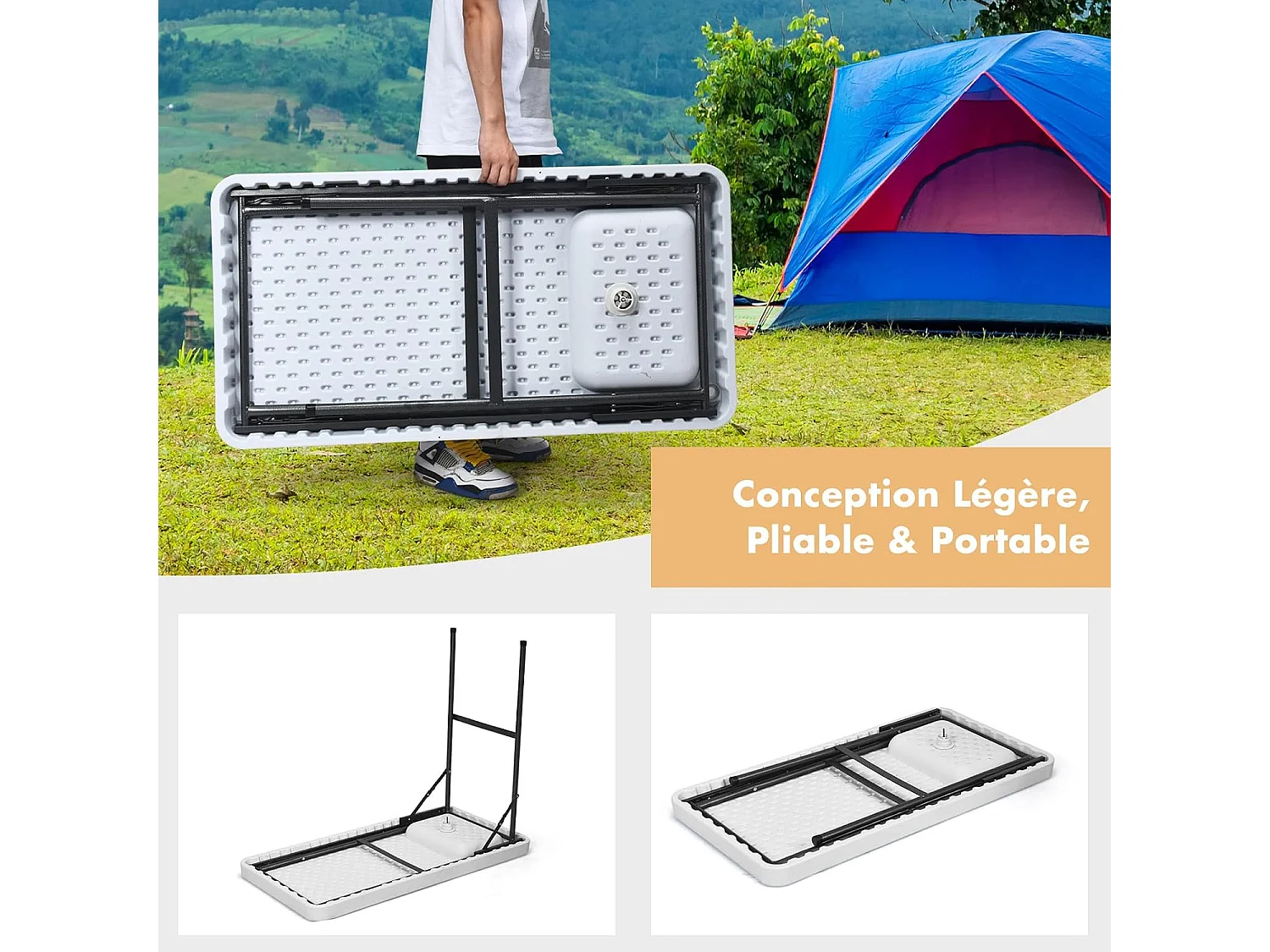 Table de Pêche Pliante avec Robinet en Acier, Table Caming Portable pour Nettoyage Poisson en Métal&HDPE avec Évier et Tuyau de Drainage（Charge 90KG）