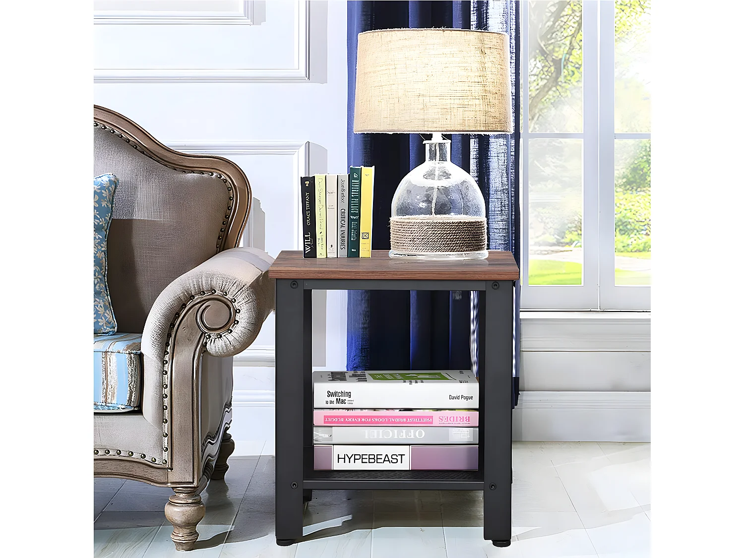 Table d’Appoint Industrielle Table de Chevet Bout de Canapé 2 Couches pour Salon,Chambre,Balcon 40 x 40 x 45,5CM Noir