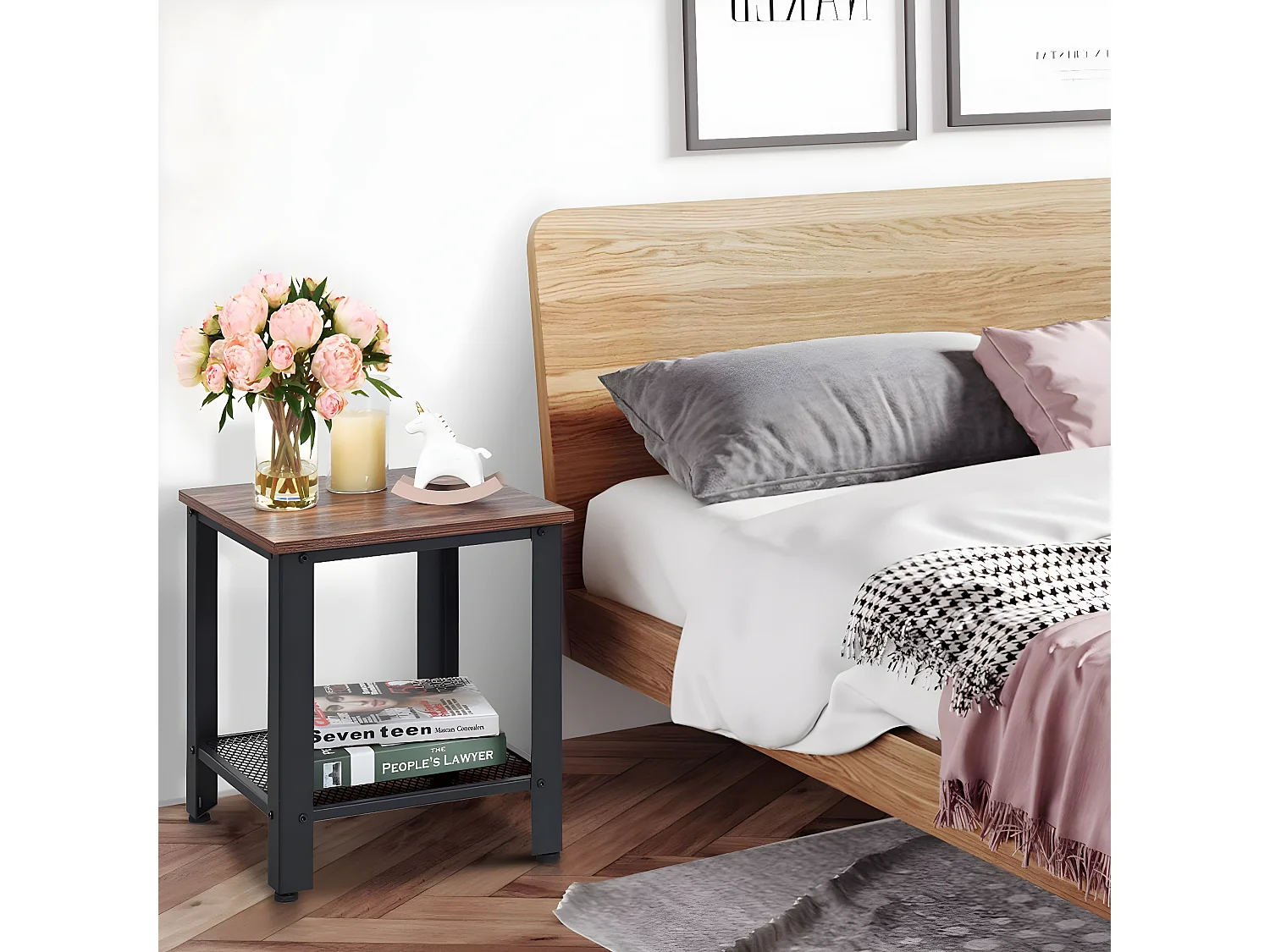 Table d’Appoint Industrielle Table de Chevet Bout de Canapé 2 Couches pour Salon,Chambre,Balcon 40 x 40 x 45,5CM Noir