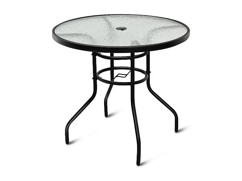 Table de Jardin Ronde en Verre Trempé Plateau ø 80 CM avec Trou de Parasol Hauteur 70 CM pour, Bistro,Patio, Terrasse Noir