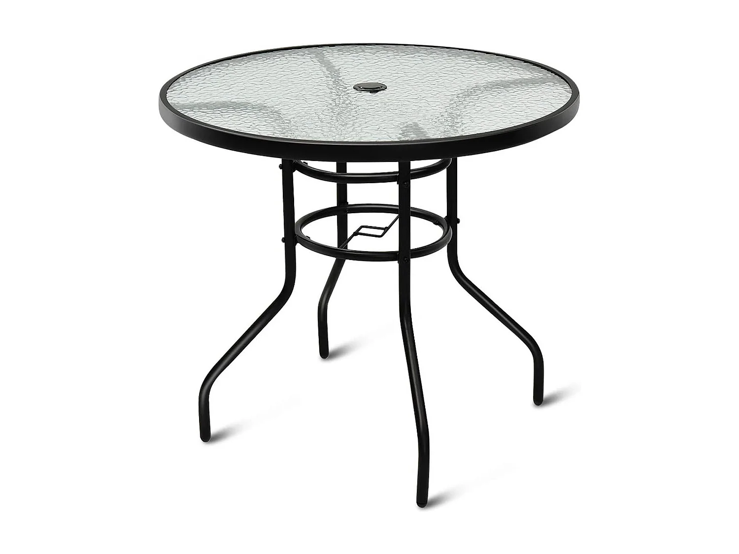 Table de Jardin Ronde en Verre Trempé Plateau ø 80 CM avec Trou de Parasol Hauteur 70 CM pour, Bistro,Patio, Terrasse Noir